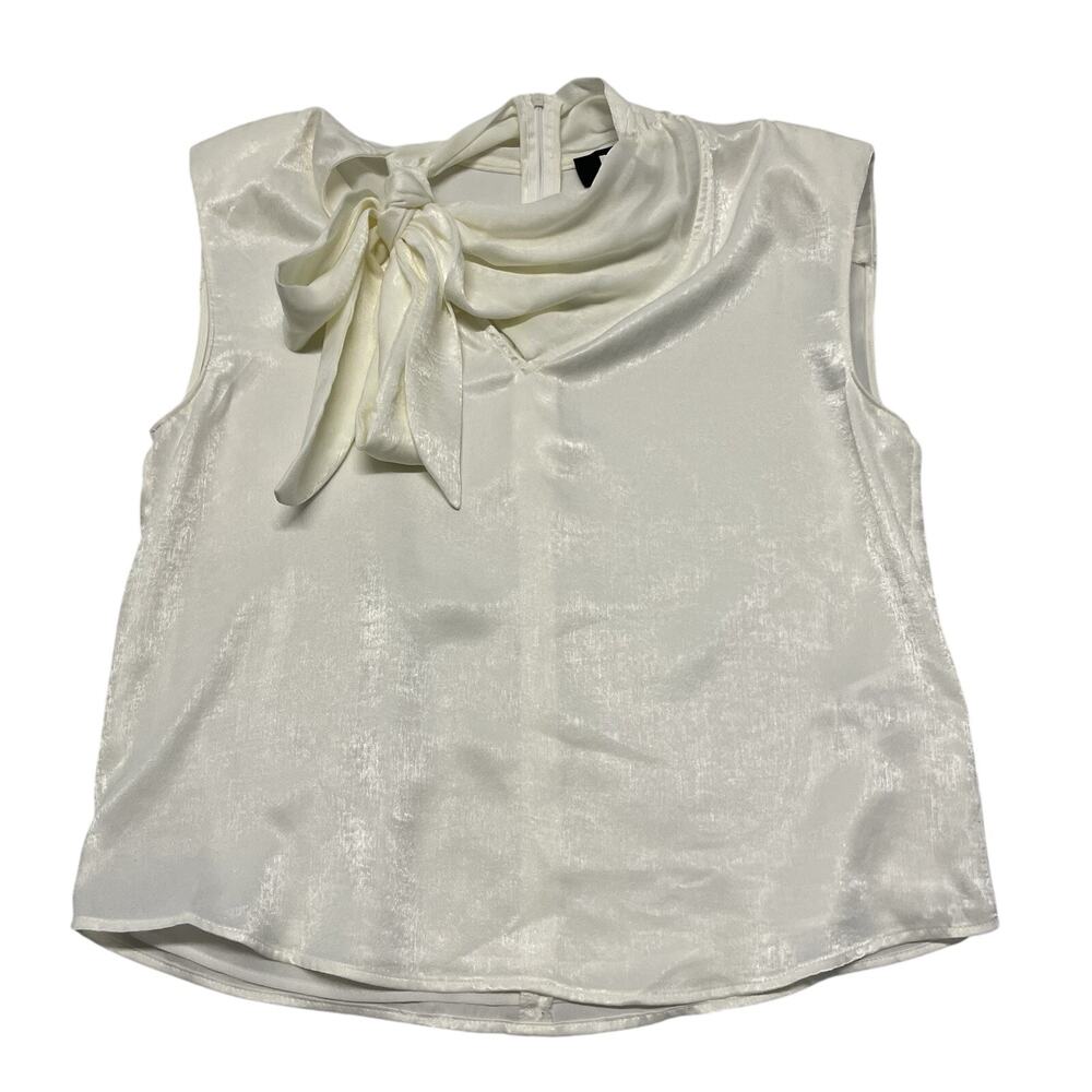 DKNY Women's Blouse Small Satin High Neck Bow Shoulder-Pad Top